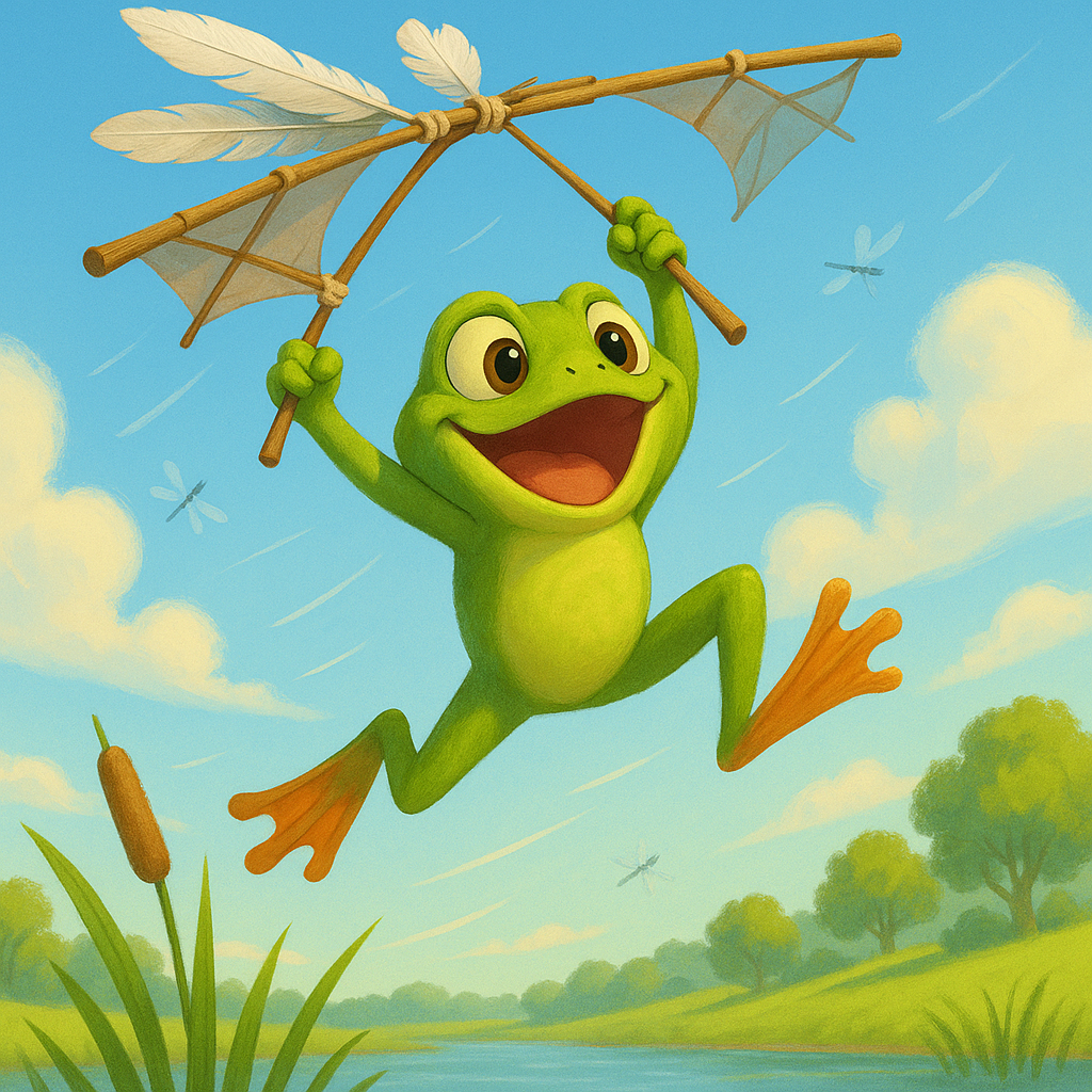 Kleiner Frosch mit selbstgebautem Fluggerät springt vom Ast über einem See