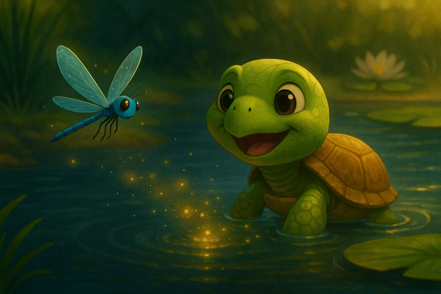 Illustration einer jungen Schildkröte im Wasser mit einer Libelle – poetische Szene aus einer Mutmachgeschichte über Selbstwert und das Finden des eigenen Elements.