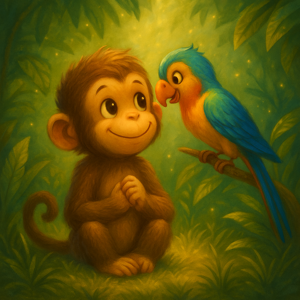Ein nachdenkliches kleines Äffchen sitzt auf einem Ast im Dschungel, während ein bunter Papagei ihm zuflüstert: "Sag einfach noch!"